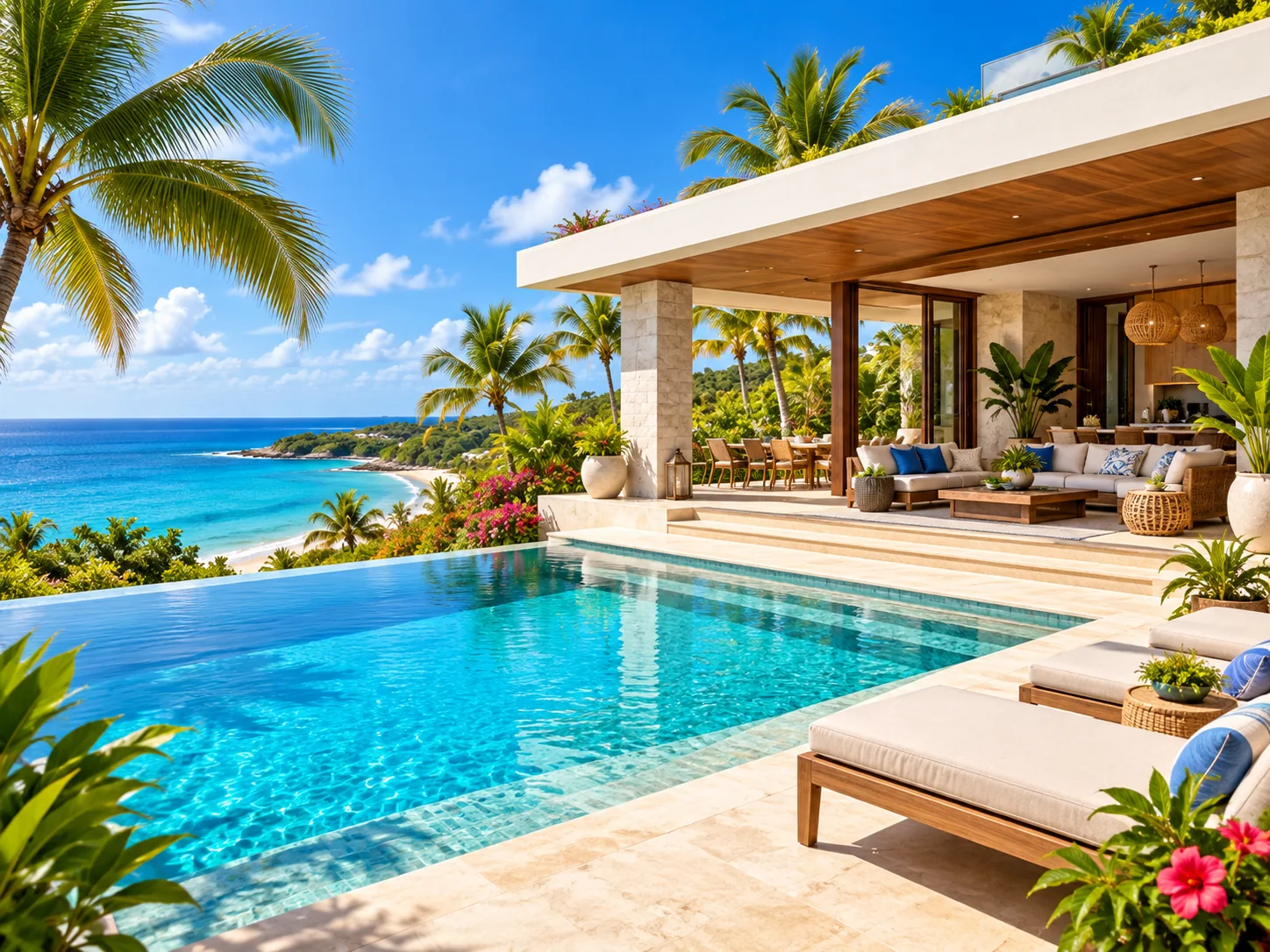 Villa tropical rodeada de montañas y vegetación